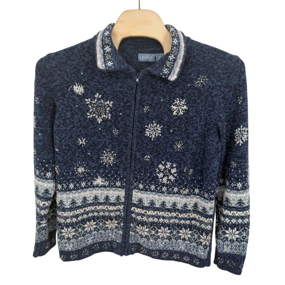 Liz & Me Heirloom Collectables 2004 Womens 14/16 blue sequin full-zip sweater‎